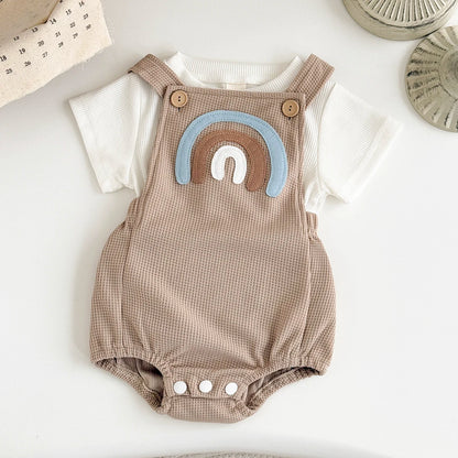 Infant Rainbow Appliqué Waffle Romper Set with Criss-Cross Back & Snap Bottoms (1-18M)