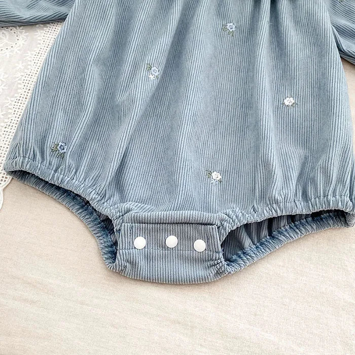 Sister Matching Floral Outfits: Blue Corduroy Embroidered Baby Romper & Girls Princess Dress - Coordinated Sister Boutique Set