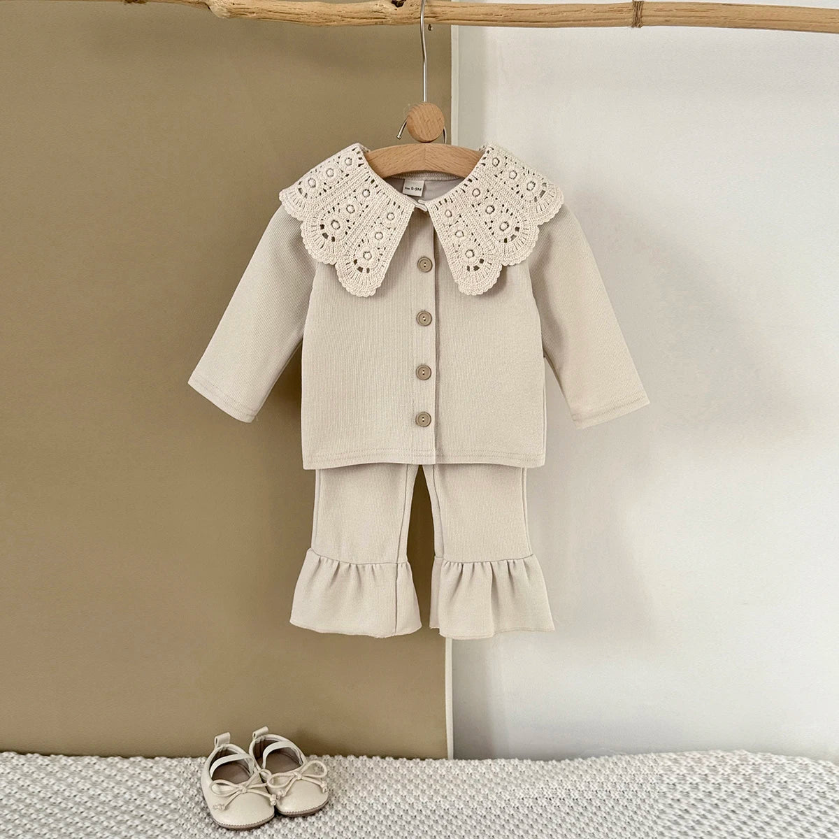 Toddler Girls Ribbed Knit Cardigan & Flare Pants Set with Crochet Lace Collar – 2-Piece Spring Outfit (6M-3T)