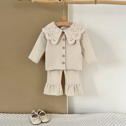 Toddler Girls Ribbed Knit Cardigan & Flare Pants Set with Crochet Lace Collar – 2-Piece Spring Outfit (6M-3T)