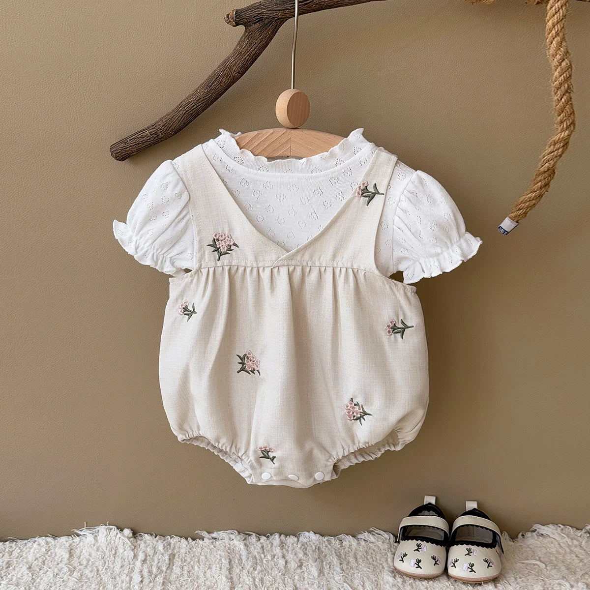 Baby Girl 2-Piece Embroidered Floral Romper Set - White Puff Sleeve Shirt & Camisole Overalls (0-24M)