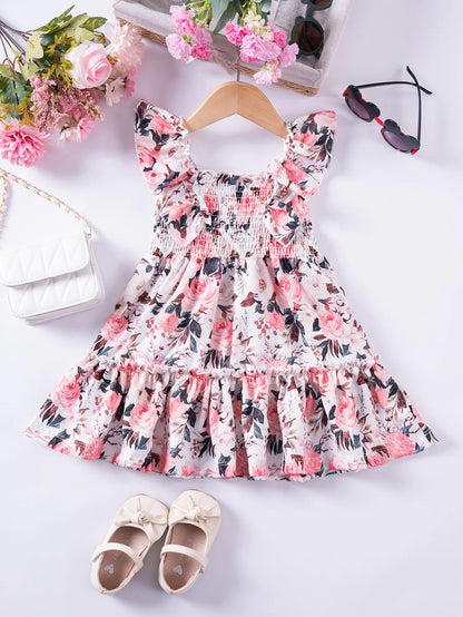 Girls Floral Summer Dress with Ruffled Sleeves & Smocked Waist (2T-6T)