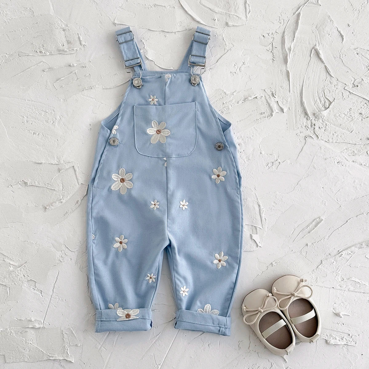 Toddler Blue Daisy Overalls - Floral Embroidered Baby Jumpsuit with Pockets (6M-3T)