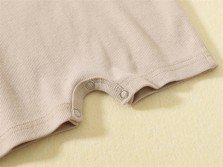 Baby Boy Boutique Ribbed Henley Romper - Knit Cotton Jumpsuit with Natural Wood Buttons (3-24M)