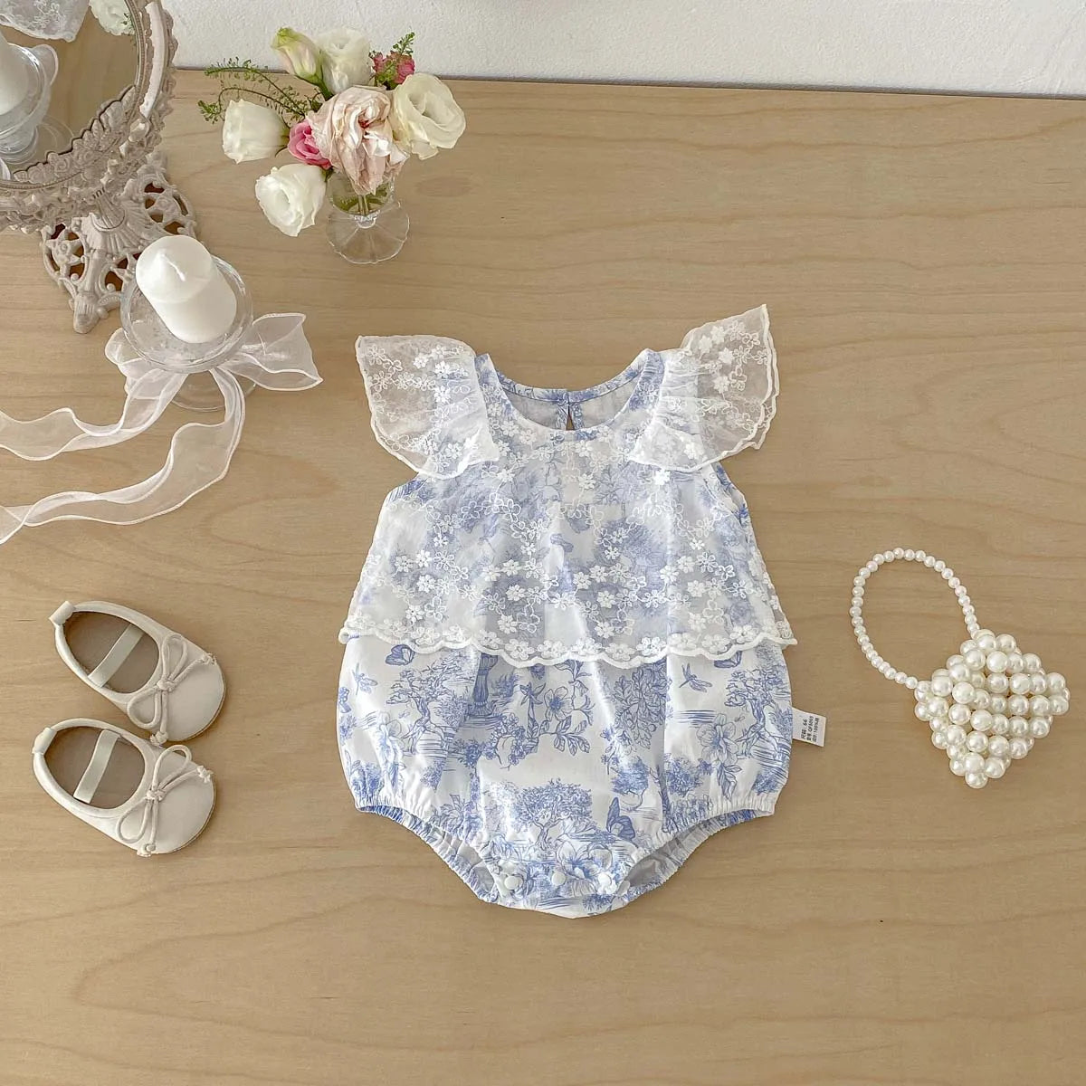 Baby Girl Floral Mesh Romper - Blue Toile Flying Sleeve Summer Jumpsuit (3-18M)