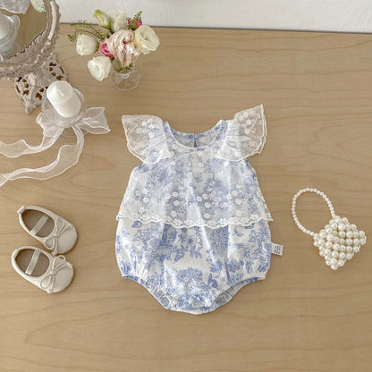Baby Girl Floral Mesh Romper - Blue Toile Flying Sleeve Summer Jumpsuit (3-18M)