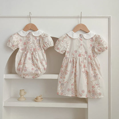 Pink Floral Smocked Sister Matching Outfits - Puff Sleeve Cotton Romper & Princess Dress (3M-6T)