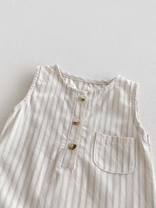 Neutral Ticking-Stripe Sleeveless Baby Romper with Matching Sun Hat - 100% Cotton (0-24M)