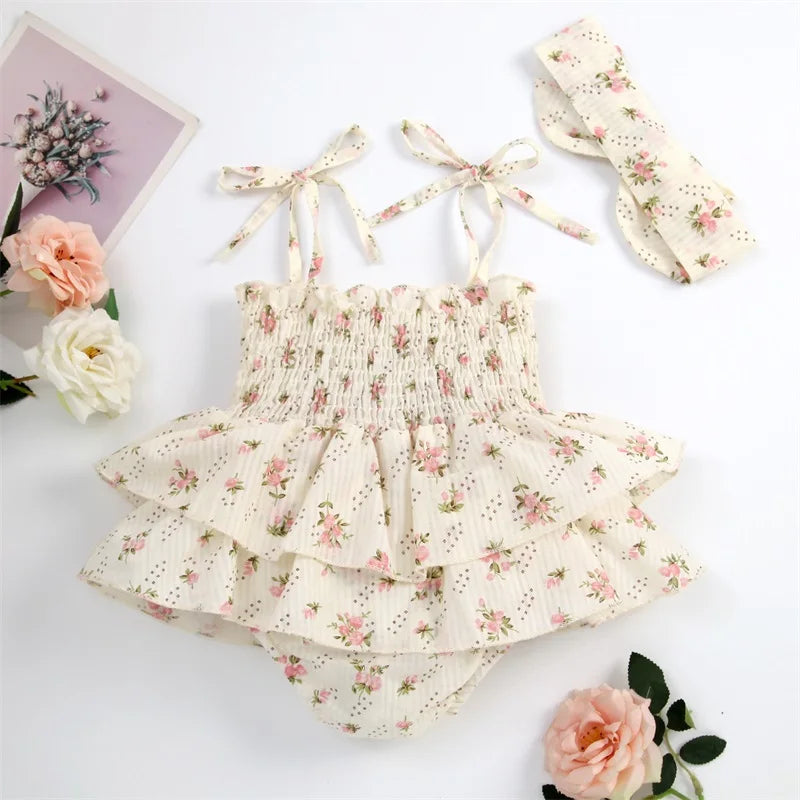 Baby Girl Summer Floral Romper Set – Sleeveless Ruffled Jumpsuit with Matching Bow Headband, Beige Cotton Blend (0-24M)