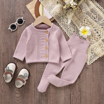 Baby Cable Knit 2-Piece Set – Asymmetric Cardigan & Footed Pants (0-9M)