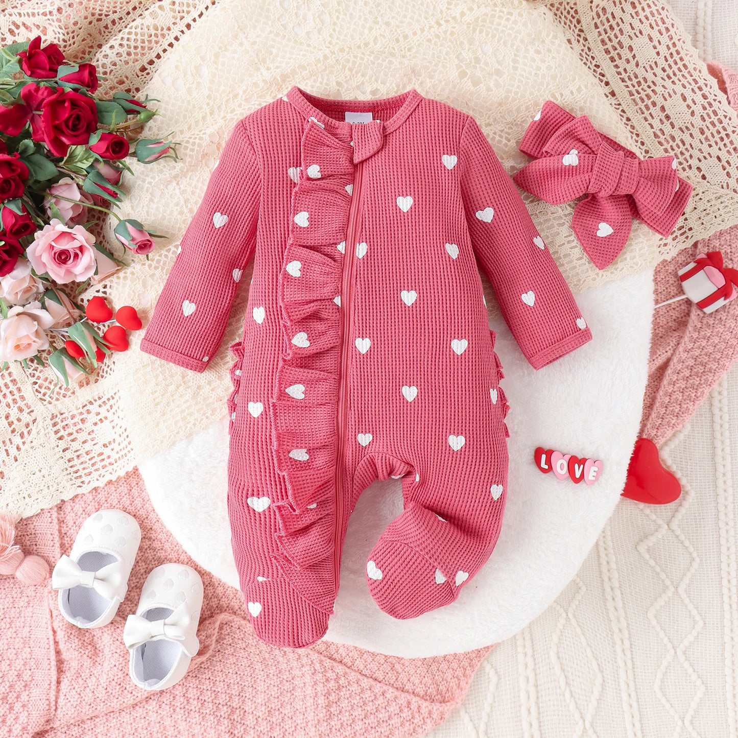 Baby Girl Heart Print Waffle Knit Footed Romper & Headband Set - Ruffled Zipper Sleeper