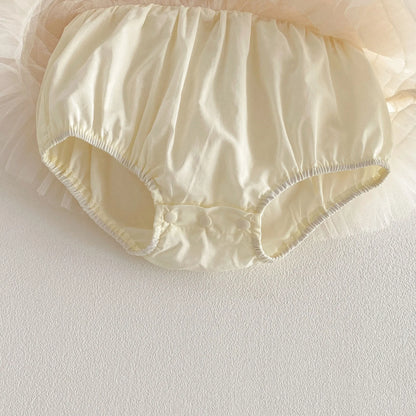 Baby Girl Princess Tulle Dress Bodysuit - Cream Peter Pan Collar Romper with Gold Crown (3-24M)