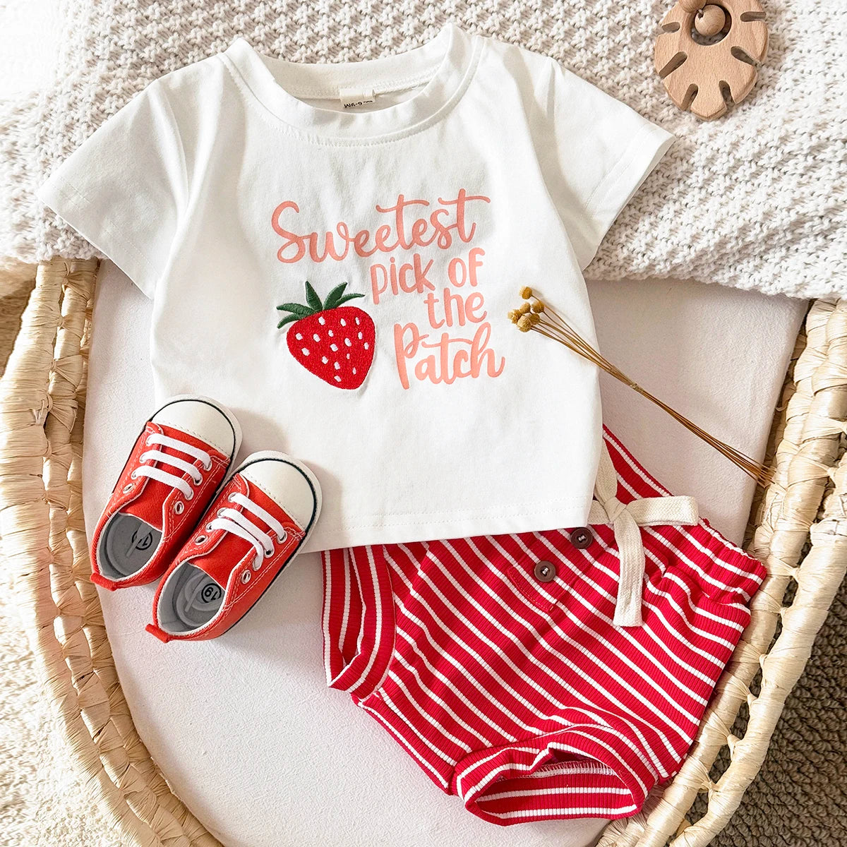 Baby & Toddler Girls "Sweetest Pick" Strawberry T-Shirt and Striped Shorts 2pc Summer Set (6M-3T)