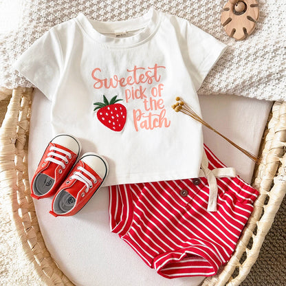 Baby & Toddler Girls "Sweetest Pick" Strawberry T-Shirt and Striped Shorts 2pc Summer Set (6M-3T)