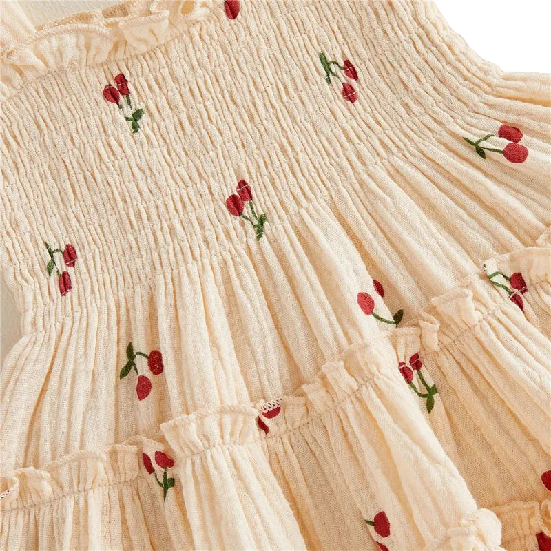 Baby & Toddler Girl Smocked Cherry Summer Dress - Flying Sleeve Tiered Cotton Sun Dress (6M-5T)