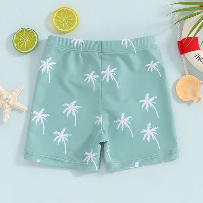 Dinosaur & Palm Tree Swim Trunks | Quick-Dry Board Shorts | Teal & Ivory White | (6M-4T)