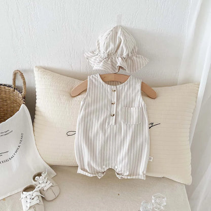 Neutral Ticking-Stripe Sleeveless Baby Romper with Matching Sun Hat - 100% Cotton (0-24M)