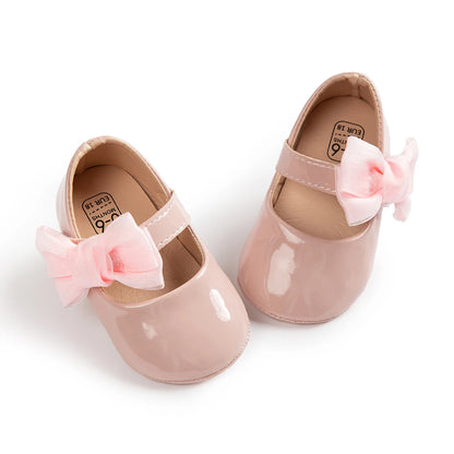 Baby Girl Mary Janes – PU Leather Bowknot First Walker Shoes, Non-Slip Rubber Sole Princess Wedding Flats (0-18M)