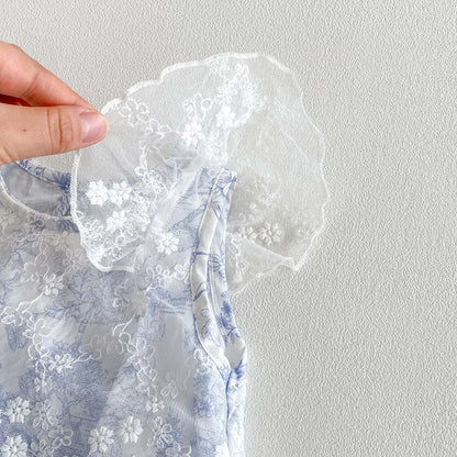Baby Girl Floral Mesh Romper - Blue Toile Flying Sleeve Summer Jumpsuit (3-18M)