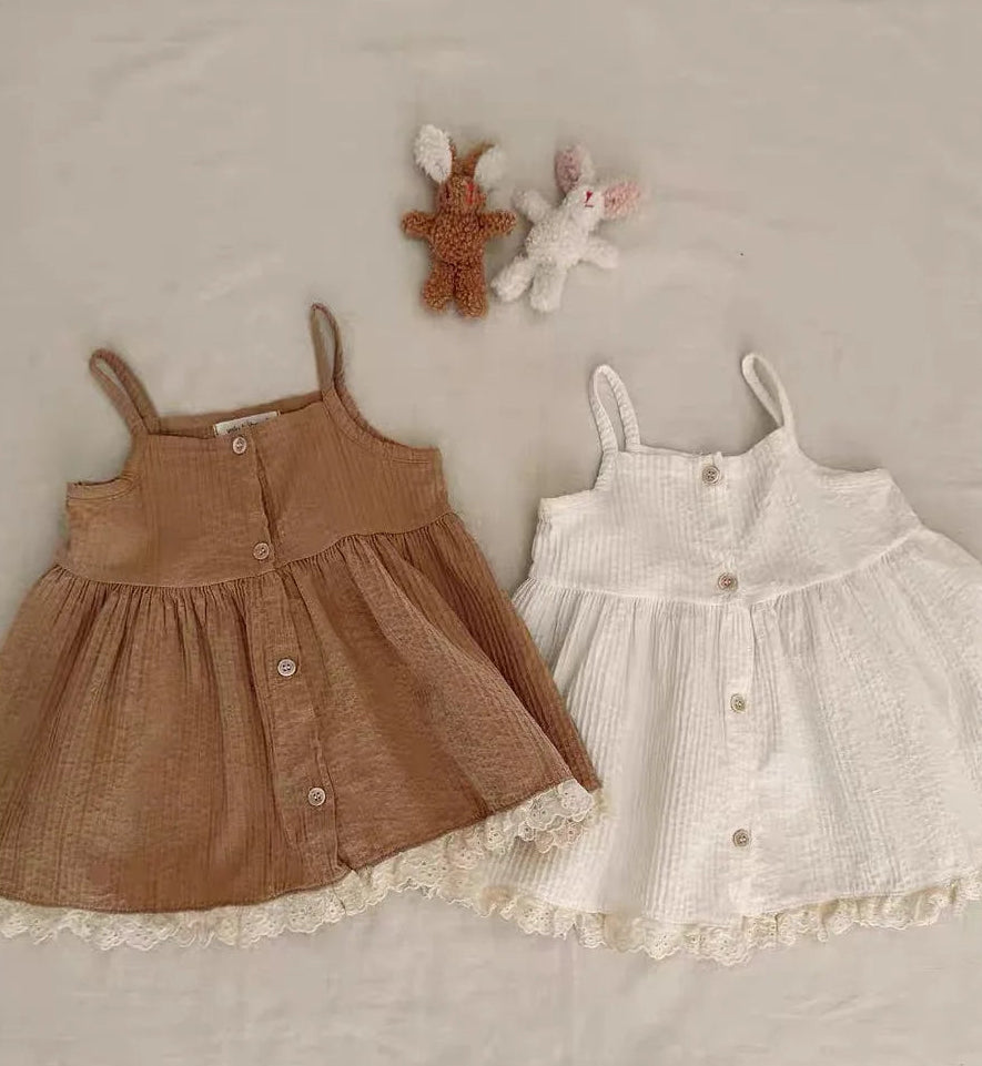 Baby Girls Muslin Cotton Summer Dress - Sleeveless Button-Front Boho Eyelet Sun Dress (3M-24M)