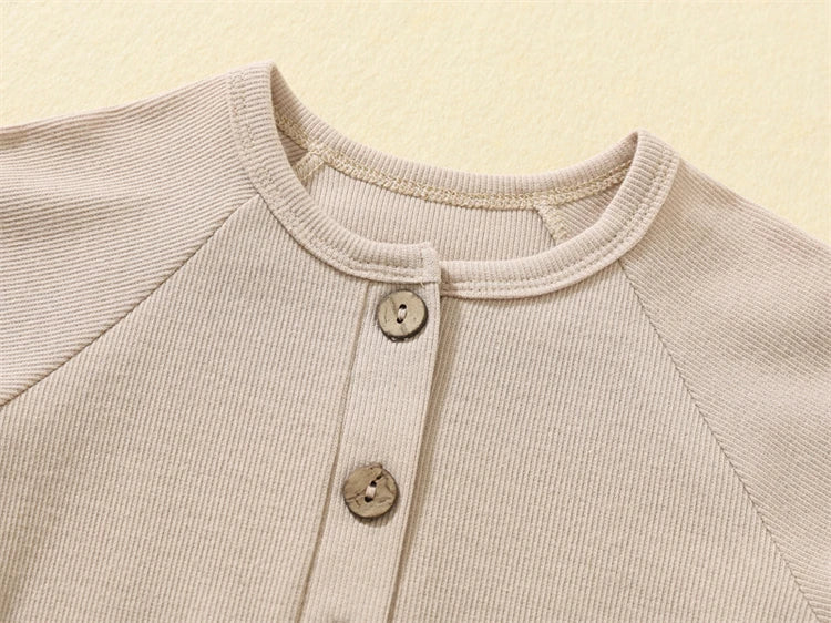 Baby Boy Boutique Ribbed Henley Romper - Knit Cotton Jumpsuit with Natural Wood Buttons (3-24M)
