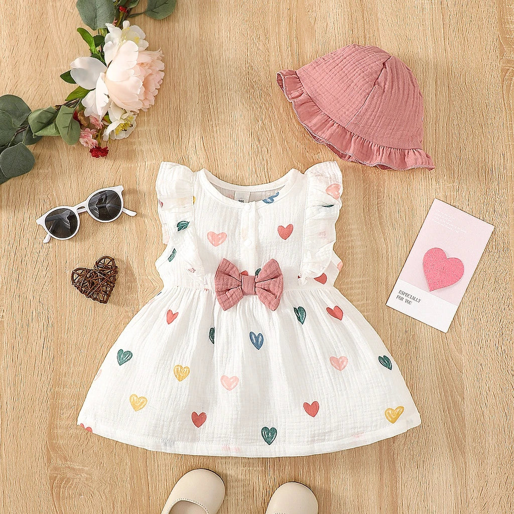 Newborn Baby Girl Heart Print Muslin Cotton Dress & Hat Set - 2PCS Sleeveless Summer A-Line Outfit (0-9M)