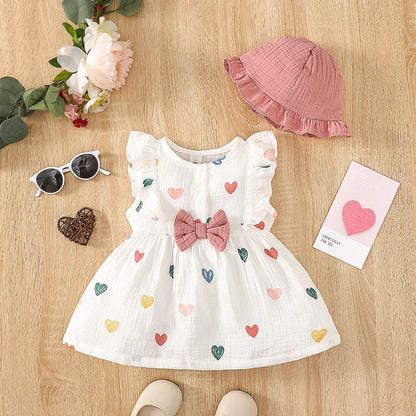 Newborn Baby Girl Heart Print Muslin Cotton Dress & Hat Set - 2PCS Sleeveless Summer A-Line Outfit (0-9M)