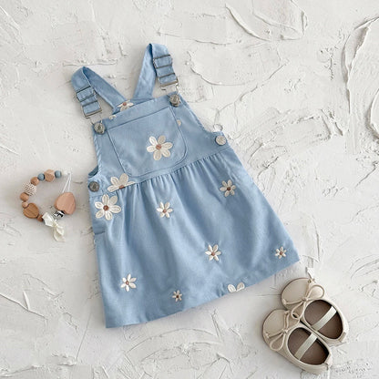 Baby Girl Daisy Embroidered Overall Dress | Toddler Blue Cotton Summer Jumper (6M-3T)
