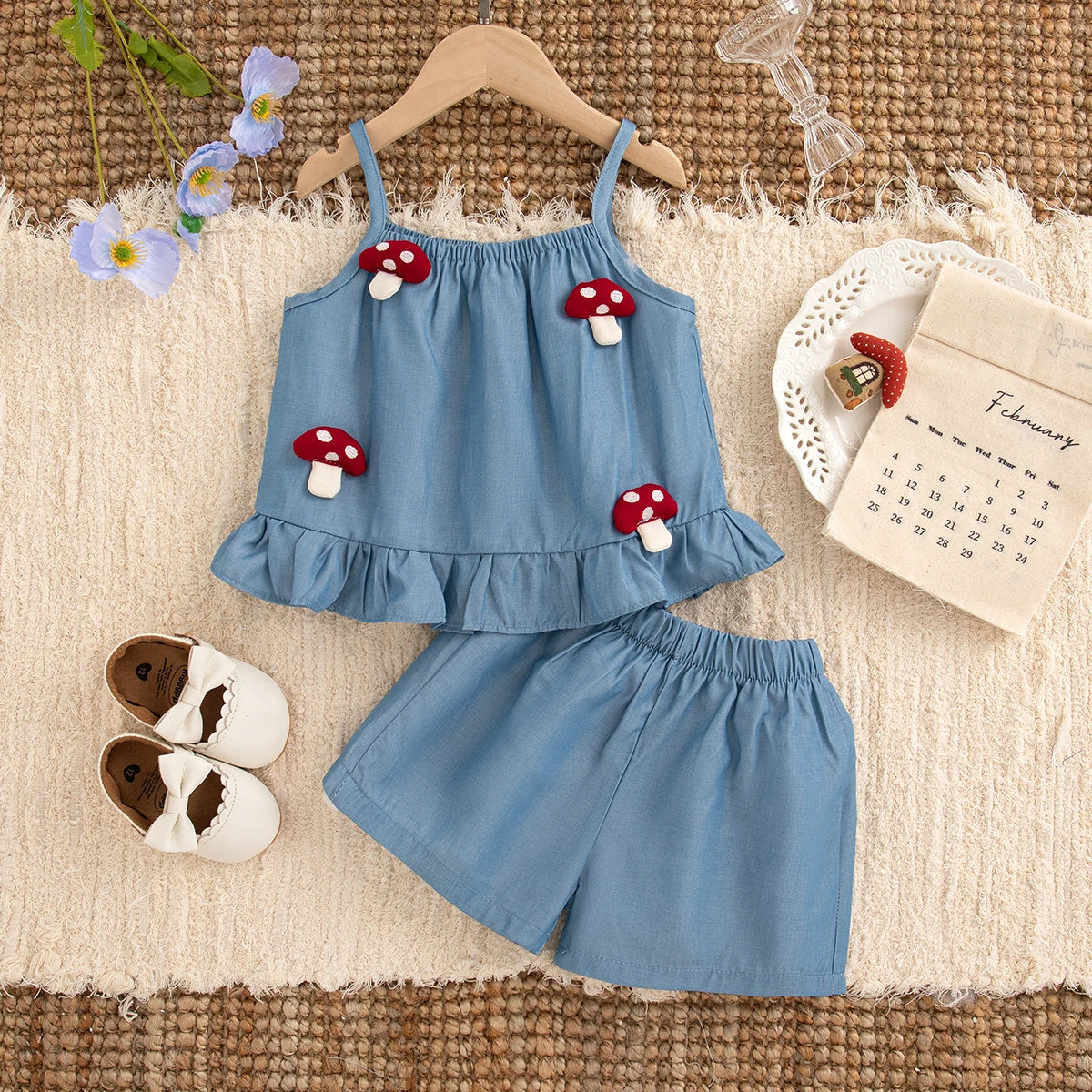 Baby & Toddler Girl 2-Piece Mushroom Cotton Set - Blue Ruffle Tank & Shorts (9M-4T)
