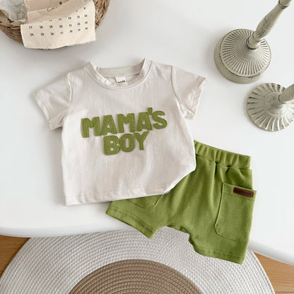 Mama's Boy 2-Piece Baby Boy Summer Clothes Set - Ribbed Shorts & Short Sleeve T-Shirt (6M-3T)