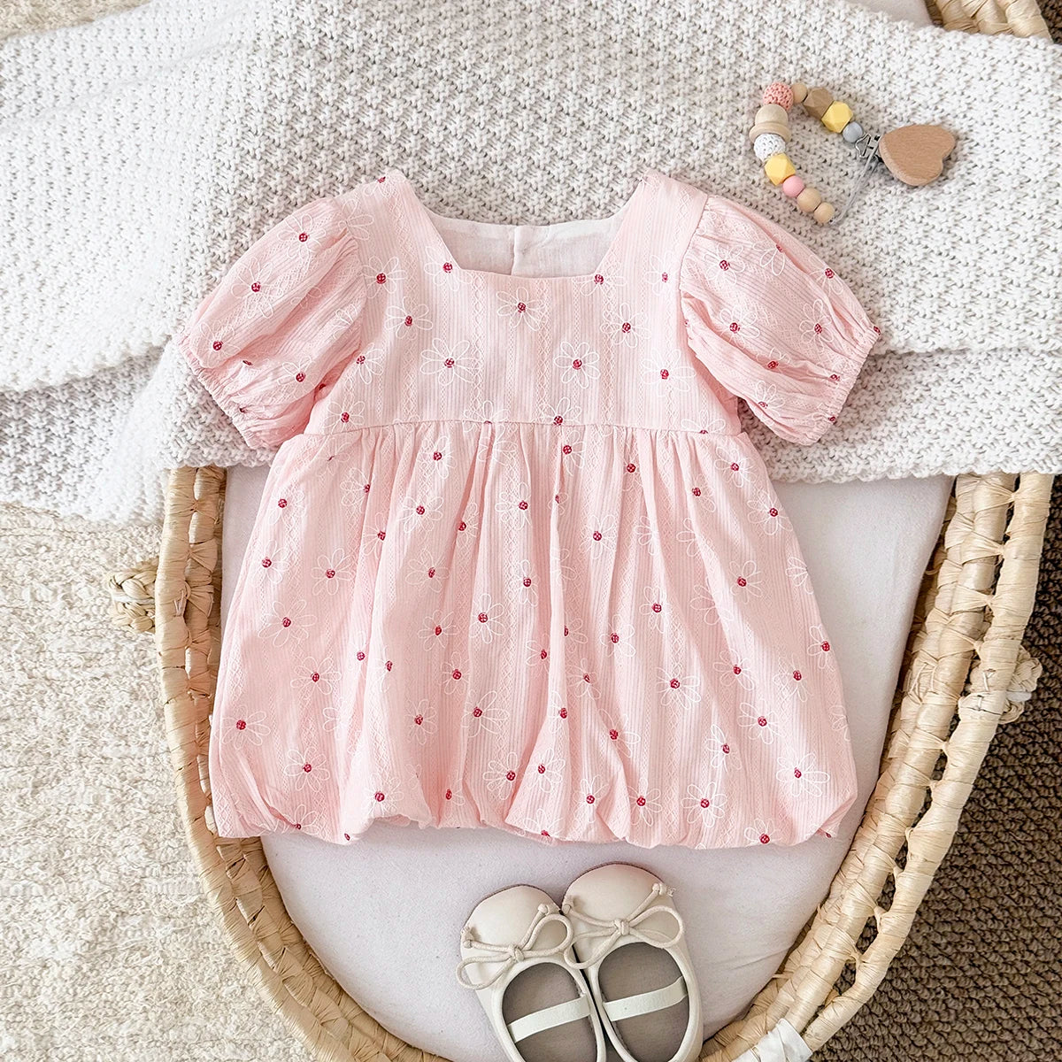 Baby & Toddler Girl Floral Embroidery Bubble Dress - Puff Sleeve Special Occasion Sunsuit (6-24M)