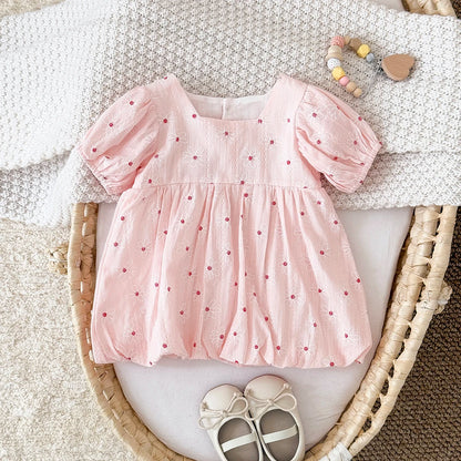 Baby & Toddler Girl Floral Embroidery Bubble Dress - Puff Sleeve Special Occasion Sunsuit (6-24M)