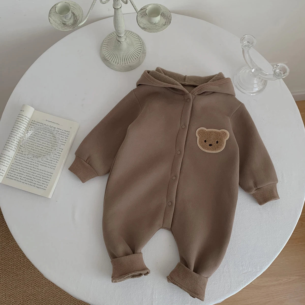 Cozy Bear Hooded Romper – Warm Cotton Blend Jumpsuit (0-18M)