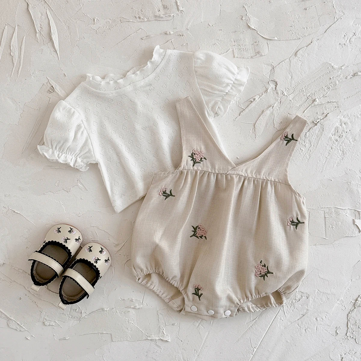 Baby Girl 2-Piece Embroidered Floral Romper Set - White Puff Sleeve Shirt & Camisole Overalls (0-24M)