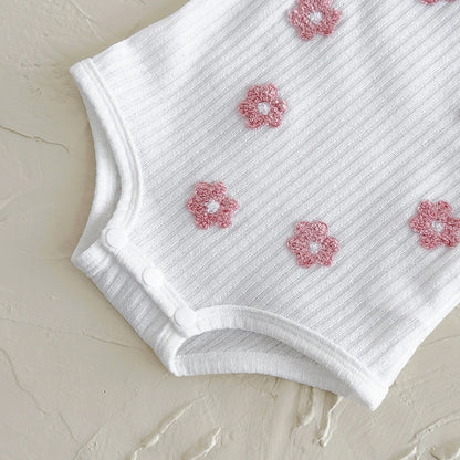 Baby Girl Flower Towel Embroidery Romper - Summer Ribbed Viscose Bodysuit Jumpsuit (1-18M)