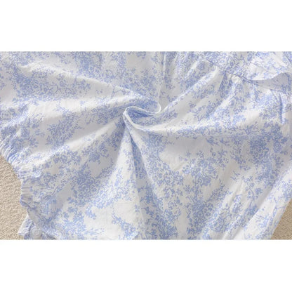 Baby Girl Floral Cotton Romper Set with Matching Sun Hat - Ruffled Princess Bodysuit with Double Bows (0-24M)
