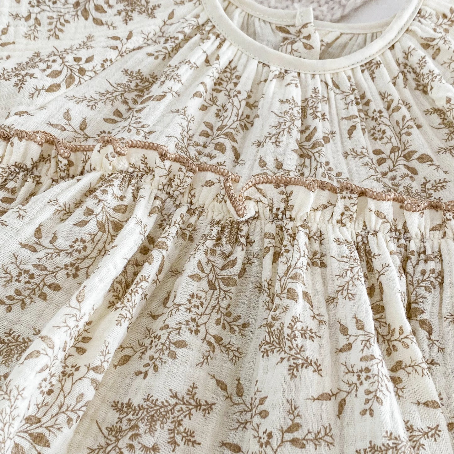 Vintage Sepia Floral Muslin Bubble Romper | Baby Girl Flutter Sleeve Top & Bloomers (3-24M)