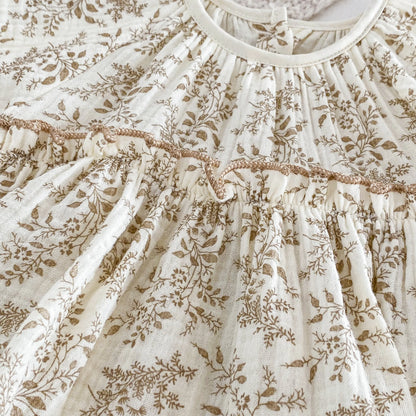 Vintage Sepia Floral Muslin Bubble Romper | Baby Girl Flutter Sleeve Top & Bloomers (3-24M)