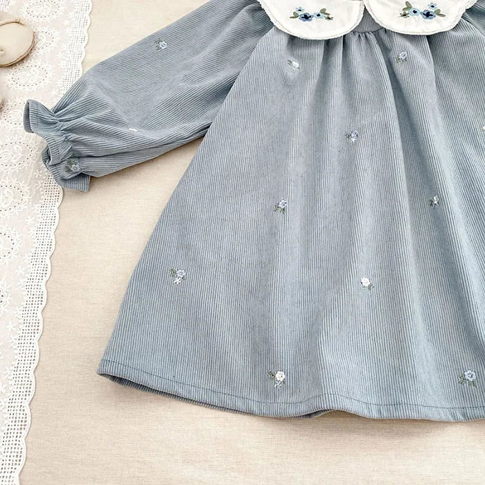 Sister Matching Floral Outfits: Blue Corduroy Embroidered Baby Romper & Girls Princess Dress - Coordinated Sister Boutique Set
