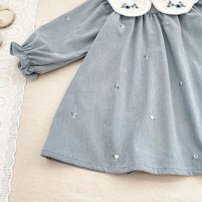 Sister Matching Floral Outfits: Blue Corduroy Embroidered Baby Romper & Girls Princess Dress - Coordinated Sister Boutique Set