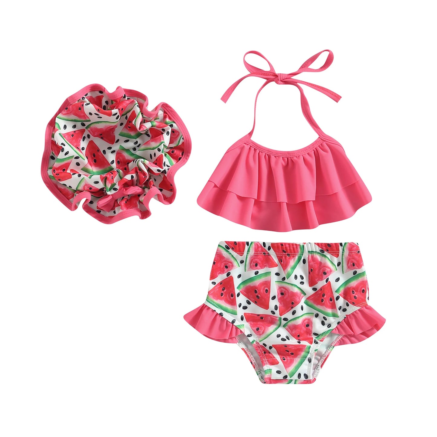 Baby Girl 3-Piece Ruffle Bikini Set, Watermelon & Mermaid Swimsuit with Cap (6M-4T)