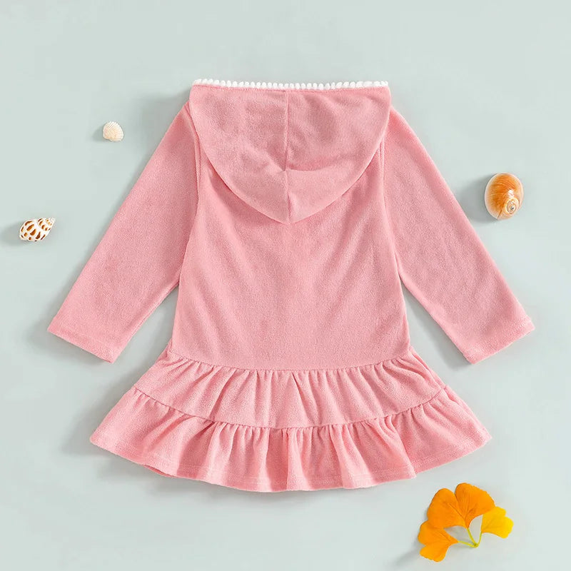Girls Hooded Swim Coverup - Zip-Up Terry Cloth Beach Robe & Towel Dress (1-8Y)