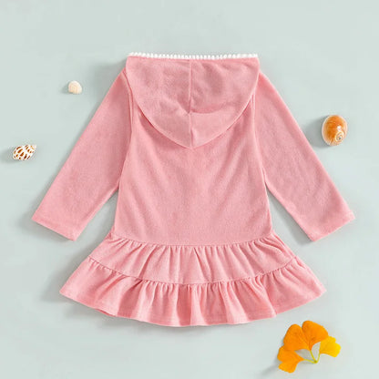 Girls Hooded Swim Coverup - Zip-Up Terry Cloth Beach Robe & Towel Dress (1-8Y)