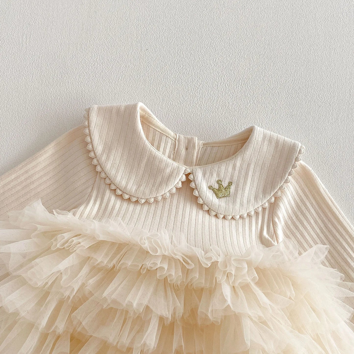 Baby Girl Princess Tulle Dress Bodysuit - Cream Peter Pan Collar Romper with Gold Crown (3-24M)