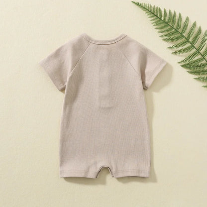 Baby Boy Boutique Ribbed Henley Romper - Knit Cotton Jumpsuit with Natural Wood Buttons (3-24M)