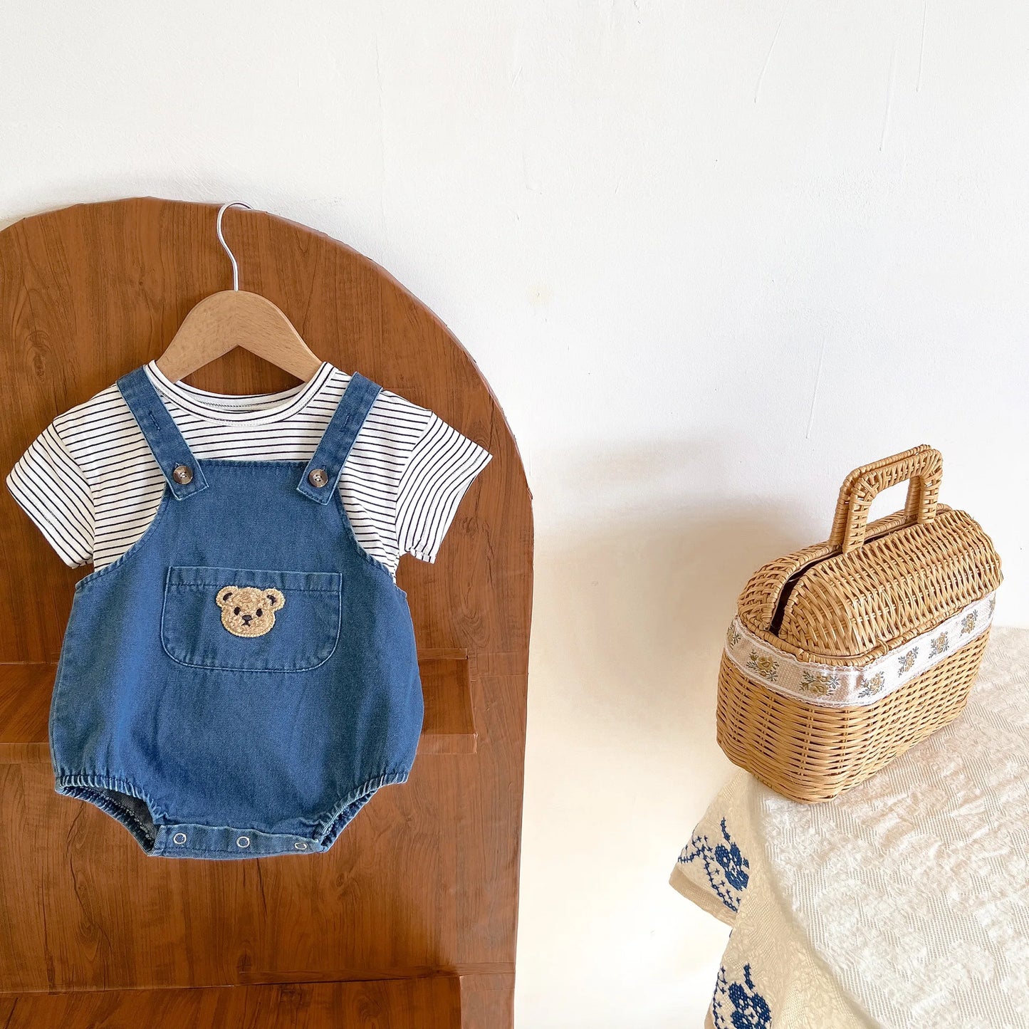Unisex Baby Striped T-Shirt and Denim Bear Romper Set - 2pc Summer Toddler Outfit (3M-3T)