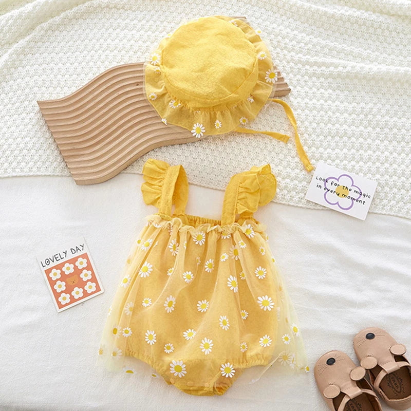Baby Girl Daisy Floral Romper & Sun Hat Set - Cotton Mesh Fly Sleeve Summer Jumpsuit (3M-2T)