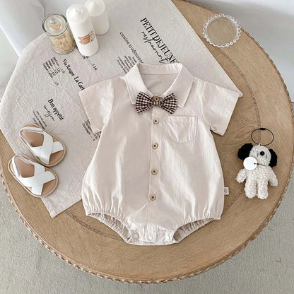 Baby Boy Korean Style Cotton Romper - Short Sleeve Lapel Shirt Jumpsuit with Bow Tie (0-24 Months)