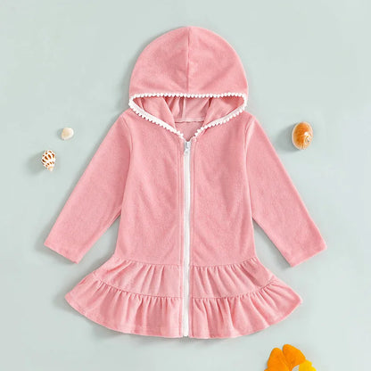 Girls Hooded Swim Coverup - Zip-Up Terry Cloth Beach Robe & Towel Dress (1-8Y)