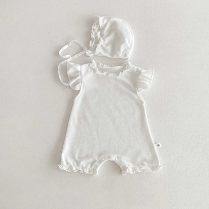 Waffle Knit Baby Girl Romper & Bonnet Set - Ruffle Sleeve Lace Trim Summer Jumpsuit (3-24M)